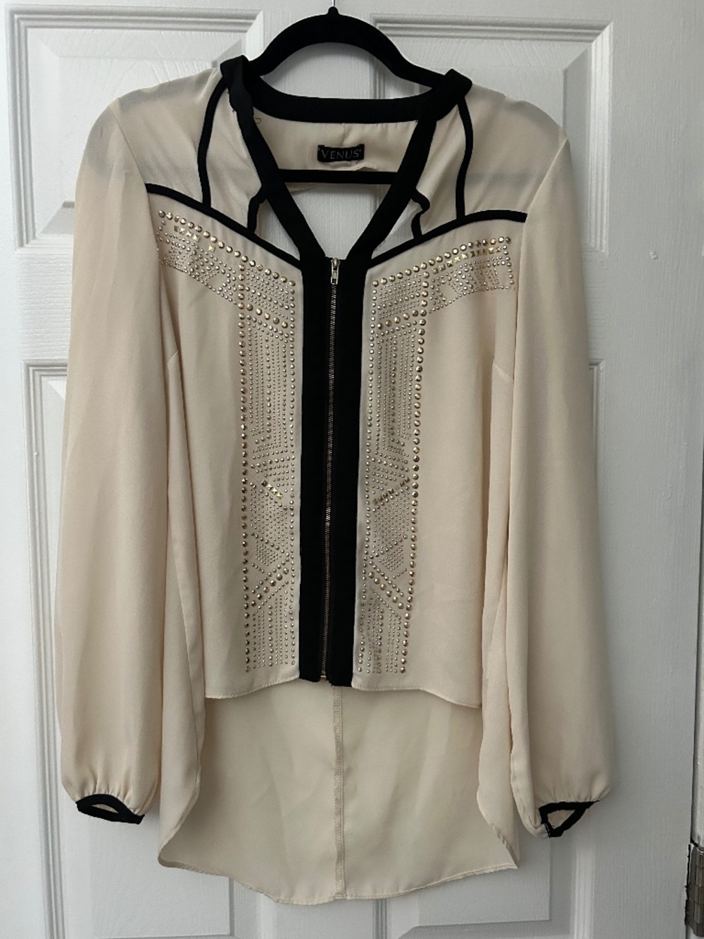 VENUS Cream Blouse with Black Trim and Stud Detailing